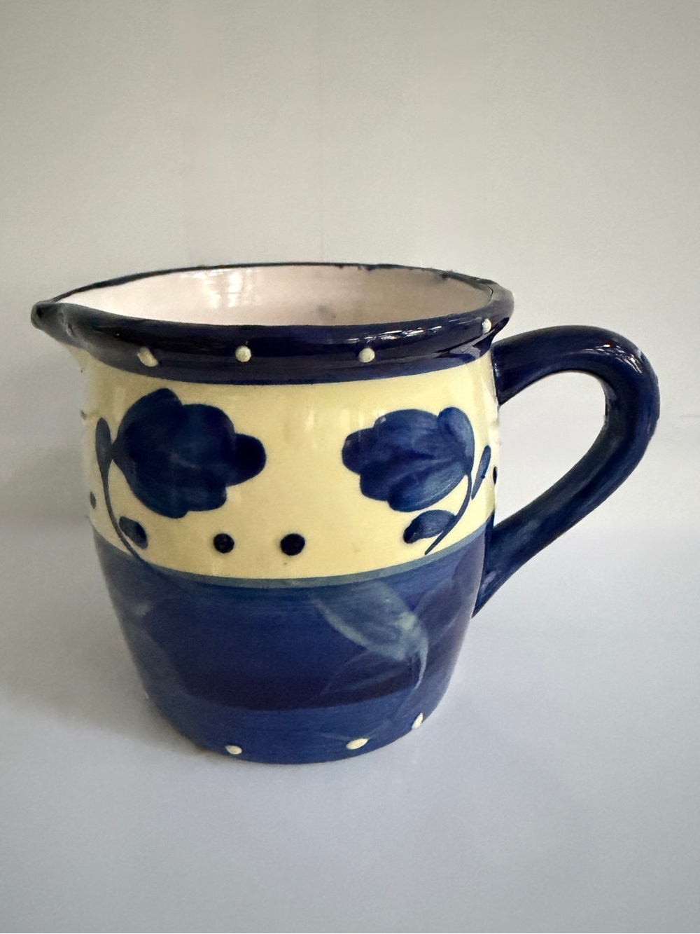 Vintage ND Hand Painted Blue White Ceramic Creamer Pitcher Floral Coastal 1990s